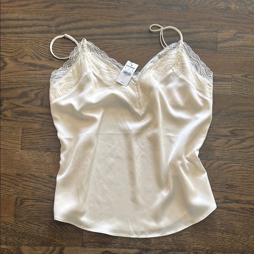 Express Silky Lace Trim Cami Tank - Cream